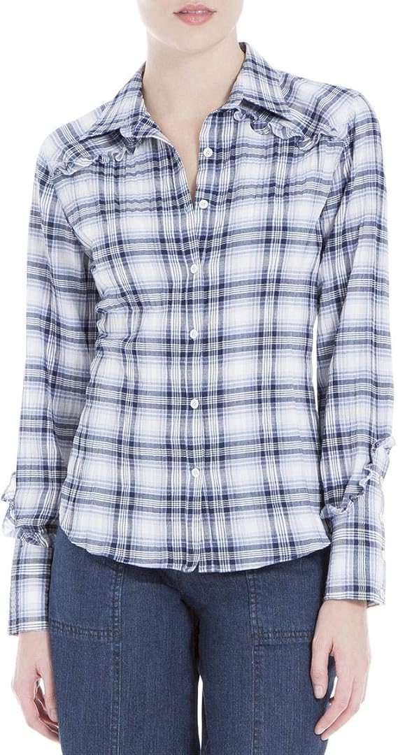 Max Studio Womens Plaid Long Sleeves Casual Top Blue L