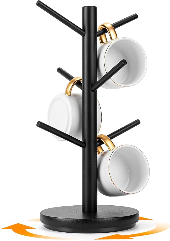 MyLifeUNIT Mug Holder Tree, 360 Rotated Coffee Cup Holder with 6 Hooks, Wooden Coffee Mug Holder Organizer for Counter Top, Coffee Bar Accessories (Black)