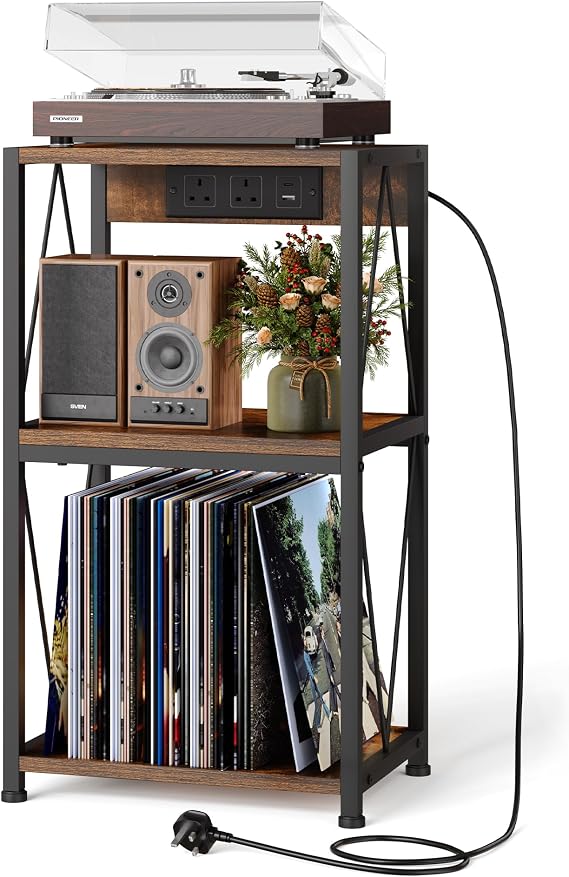 HFHOME Record Player Stand with Charging Station, 3 Tier End Table with Vinyl Record Storage, Record Player Table with Storage, Turntable Stand for Vinyl Player in Living Room Bedroom