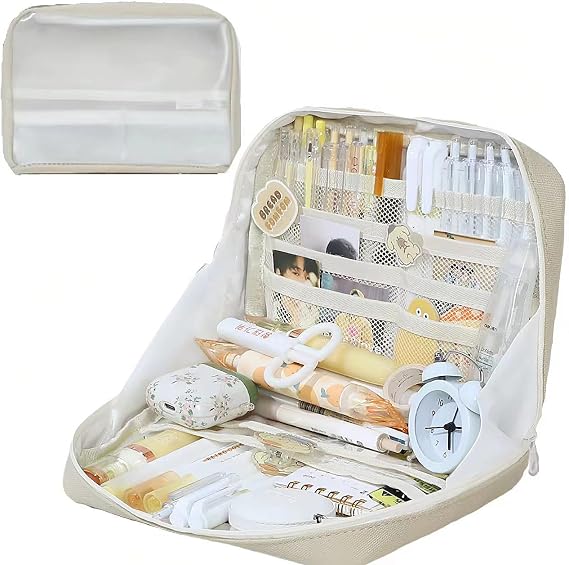 Pencil Case Clear Large Capacity 11 Compartments Big Pencil Pouch Pen Bag Box Holder Organizer Simple Storage Aesthetic Stationery Cosmetic for Adults Men Women Office Essentials (Light Brown)