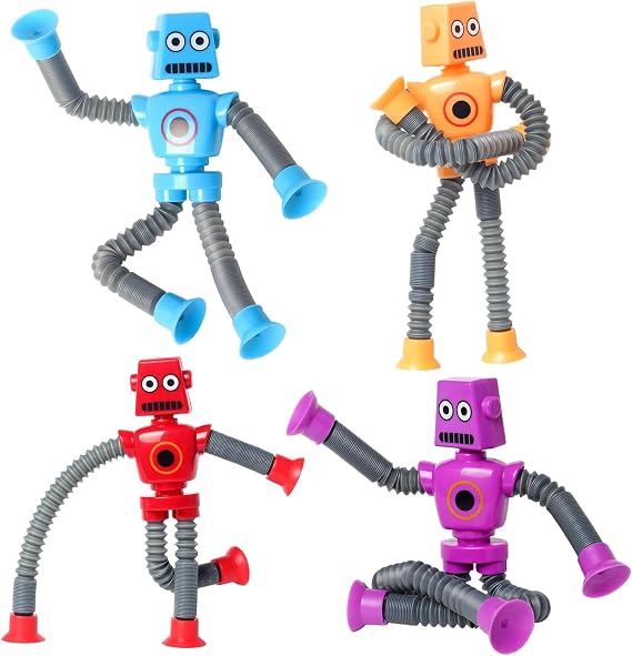 Telescopic Suction Cup Robot Fidget Toys, 4PCS Tubes Robot Stress Relief Toy Christmas Stocking Fillers, Sensory Squeeze Toy Stocking Fillers for Boys Girls & Adult