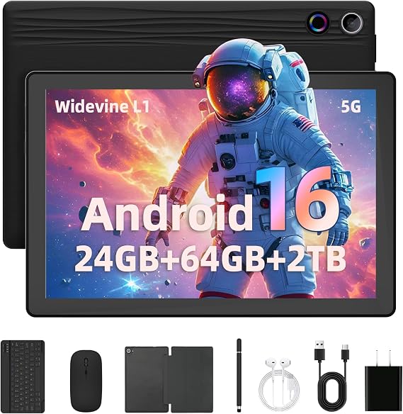 Gleeso Tablet, Latest Android 16 Tablet 10 Inch, 24GB+64GB+2TB TF, 6000mAh Battery, Dual Camera, Widevine L1, Face ID, WiFi 6, BT 5.4, 2-in-1 Tablets with Keyboard Mouse Pen Protective Case
