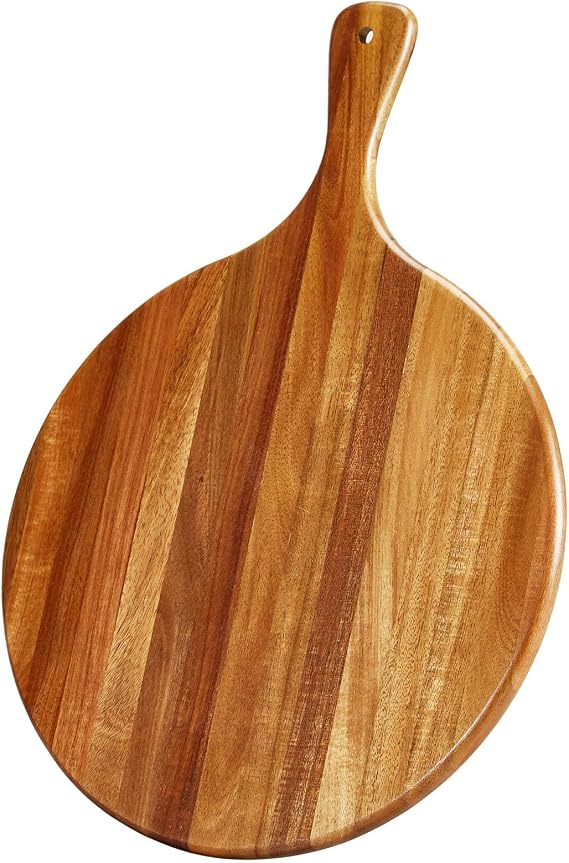 Acacia Wood Round Cutting Board with Handle - Wooden Charcuterie Board, Versatile Cutting Serving Board for Pizza, Bread, Cheese, Vegetables, and Kitchen Decor, 16"x12"