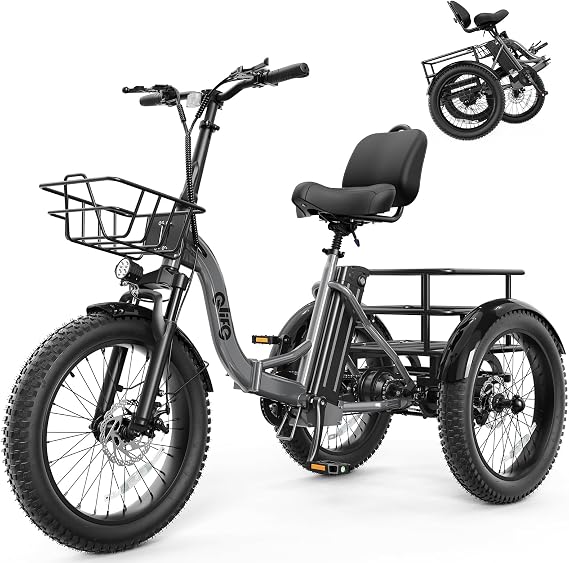 Qlife Triker Plus Electric Trike for Adults, Peak 1200W Motor Floding Trike Ebike, 624Wh E-Bike, 20MPH 65 Miles Electric Tricycle for Adults, 20x4.0 Fat Tire E-Bike, Foldable 3 Wheel for Adults
