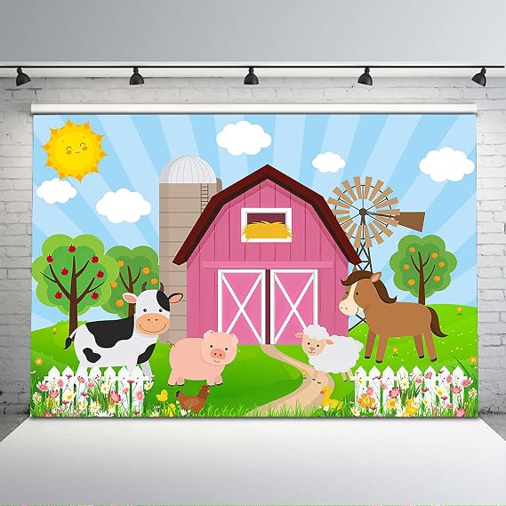 Cartoon Farm Animals Backdrop Pink Barn Farm Girls Baby Shower Birthday Party Background Farm 1st Birthday Party Backdrops Cake Table Banner Decorations (8x6)