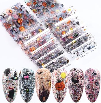 Halloween Nail Foil Set Fall Nail Decals Day of The Dead Nail Art Stickers Pumpkin Cat Designs Charms Nail Decorations DIY Transfer Paper Holographic Nail Decor Wraps Adhesive Accessory 10Pcs/Pack