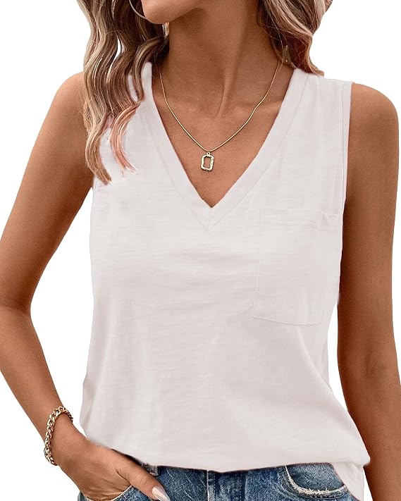 JTI Women's Summer Tank Top, V-Neck Sleeveless Tank Top for Women | Fashion Loose Fit Casual Basic with Pocket T Shirt