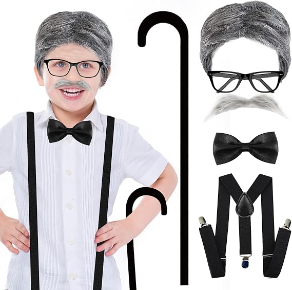 100 Days of School Costume for Boys Old Man Costume for Kids Old Man Wig for Kids with Mustache, Cane, Glasses 100th Day of School Dress Up Accessories