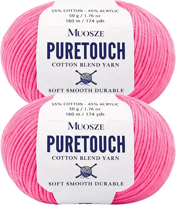 PureTouch Cotton Blend Yarn, Soft & Durable Crochet Yarn for Knitting & Amigurumi, 174 Yards, 50g, 55% Cotton 45% Acrylic (Candy Pink, 2 SKEINS)