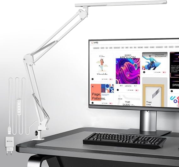 Desk Lamp for Home Office Desk Lamp Clampable Architect Light with QC3.0 Adapter Fresnel Lens Table Lamp 5 Colour Modes and Brightness Clamp Lamp with Memory Function White [Energy Class A]