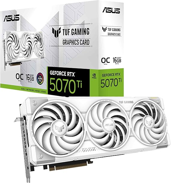 ASUS TUF Gaming NVIDIA GeForce RTX 5070 Ti 16GB GDDR7 White OC Edition Graphics Card, (PCIe 5.0, HDMI/DP 2.1, 3.125-Slot, Military-Grade Components, Protective PCB Coating),