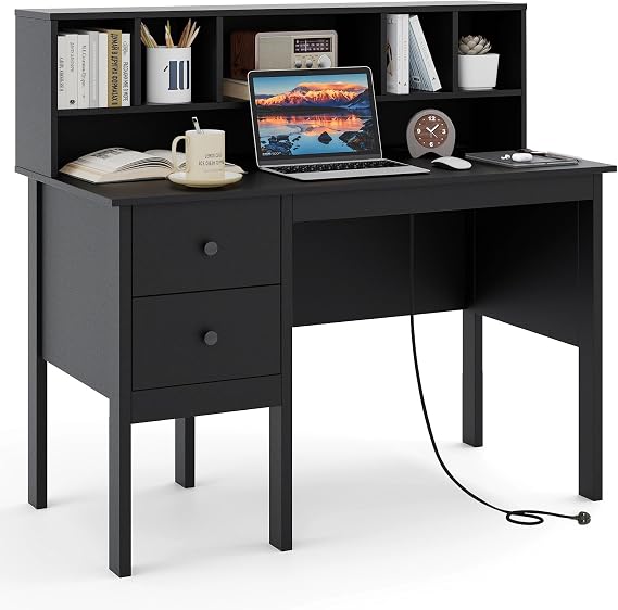 COSTWAY Computer Desk, 120CM Wooden Study Table Writing Workstation with Storage Shelves and 2 Drawers, Modern PC Laptop Table Working Desk for Home Office Bedroom (Black)