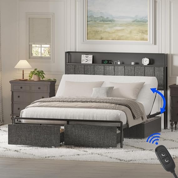 FLEXISPOT Queen Adjustable Bed with Storage Headboard and Charging | Head Incline, LED Lighting, Storage Drawers, Quiet DC Motor, Easy Assembly