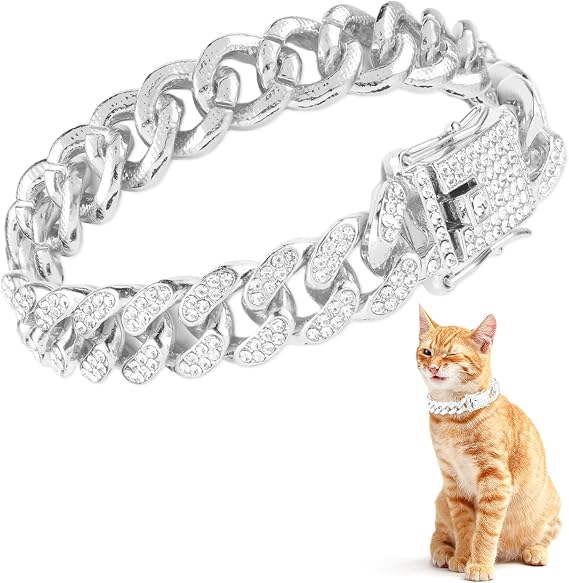 Amabro Cat Chain Collar, Diamond Cuban Link Kitten Walking Collar 12mm Wide