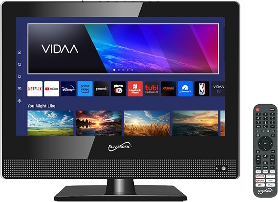 Supersonic SC-1520VTV 15.6 inch Smart AC/DC LED TV, Powered by VIDAA, 1080p, WiFi, Built-in Speakers, USB, 3X HDMI ARC, For Kitchen, RV, Boat, Truck, Playroom, Room, Remote, DC Car Cord INCLUDED-Black