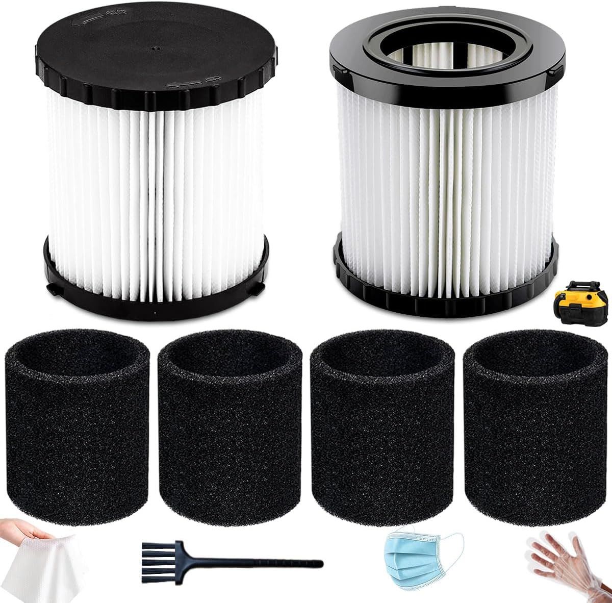 2 Pack DCV5801H HEPA Filter Compatible with DEWALT DCV580H, DCV581H 20V MAX WetDry Vacuum, with 4 Foam Sleeve Filters & 1 Brush