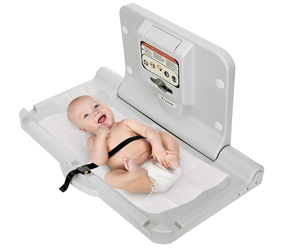 Alpine Wall Mounted Baby Changing Station - Horizontal Baby Changing Table Foldable Diaper Tables with Safety Strap for Commercial Bathroom, ADA Complaint (Hardware Included) White Gray