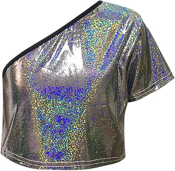 Kids Girls One Shoulder Short Sleeve Dance Crop Top Shiny Sparkly Hip Hop Streetwear Cropped T-Shirts Dancewear 3-16