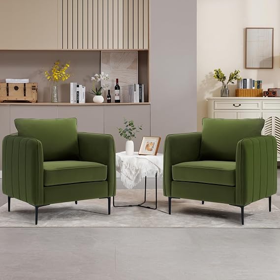 Velvet Accent Chairs Set of 2, Comfy Upholstered Single Sofa Chair Mid-Century Modern Armchair with Thick Cushion and Wood Frame Side Chair for Living Room Bedroom Apartment (Green)