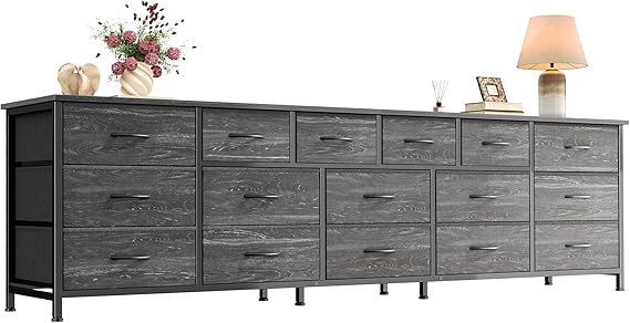 Huuger 77.6" Long Dresser for Bedroom, 16 Drawer Fabric Dresser for Closet, Wide Chest of Drawers with Storage, TV Stand for 65, 75, 85 Inch TV, 77.6" W x 13" D x 26.4" H, Charcoal Black