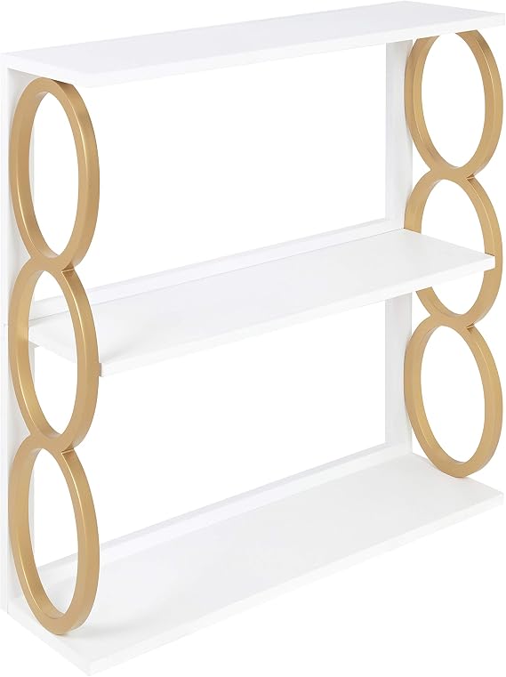 Kate and Laurel Ring Mid-Century Modern 3-Tier Shelf, 28" x 8" x 31", White and Gold, Chic Contemporary Storage and Decor