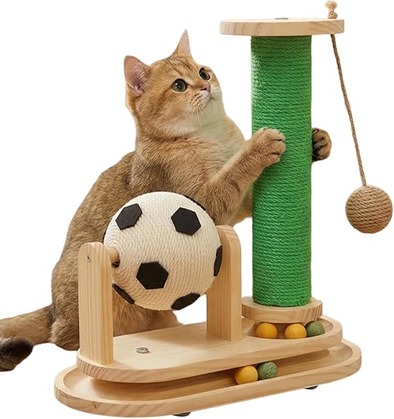 Cat Scratching Post - Soccer-Themed Rolling Ball Toy, Cat Scratcher for Couch, Wide Base Gear, Sisal Fiber Column with Built-in Sphere, Kitten Scratching Post for Trimming Claws and Active Play