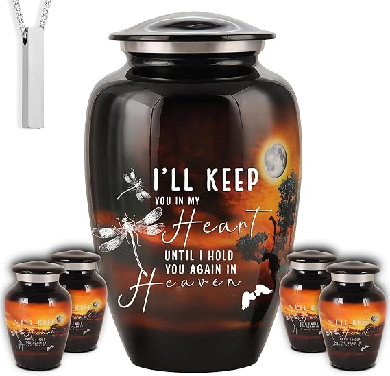 Set of 6 Moonlight Black Decorative Cremation Urns for Ashes Adult Male & Female Includes 1 Large Urn with 4 Small Keepsakes & 1 Necklace for Ashes