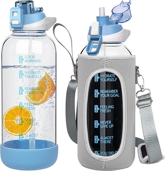 seekua 1.5 liter sports water bottle glass bottle with straw and time marking leak-proof bpa-free 1.5 large water bottle motivation with protective