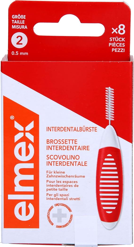 elmex Interdental Brush Red (Size 2, 0.50 mm), 1 x 8 Interdental Brushes for Cleaning Small Interdental Spaces