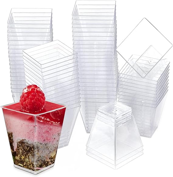 Oasis Creations Square Mini Dessert Cup - 2 Ounce - Durable Crystal Clear Plastic - 50 Count - Ideal for Desserts, Appetizers, Entrees, Puddings, Mousse and More!