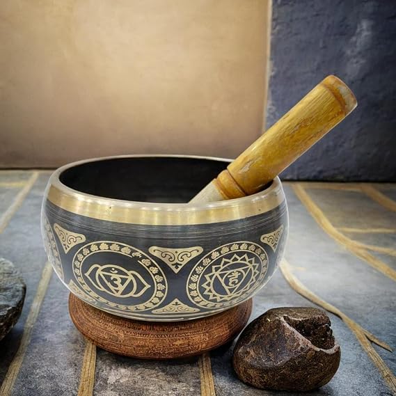 Traditional Tibetan Singing Bowl, 5.5 inch Black Metal Bowl with Wooden Striker, Meditation and Yoga Sound Bowl with Chakra Design