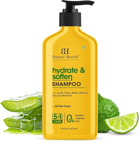 Botanic Hearth Hydrate & Soften Shampoo 473 ml | Aloe Vera, Bergamot & Vegan Protein Moisturizing & Nourishing Formula for All Hair Types | Paraben & Sulfate-Free