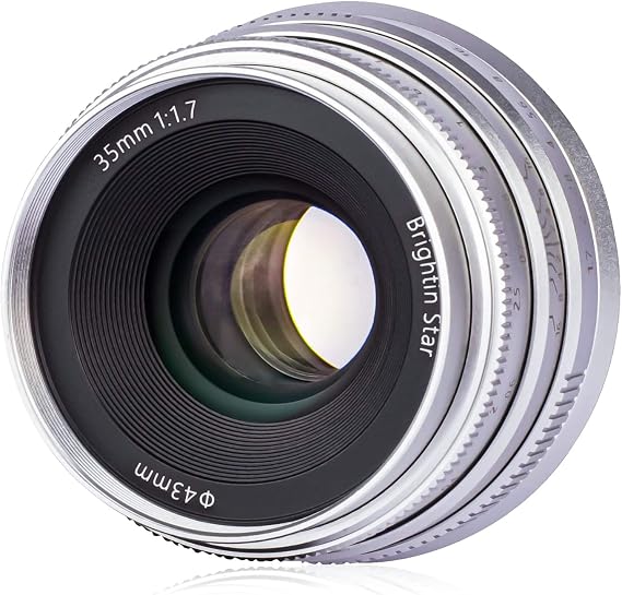 Brightin Star 35mm F1.7 Lens for Fujifilm XF-Mount Mirrorless Cameras, APS-C Manual Focus Large Aperture Prime Humanistic Lens Fit for XT5, XT4, XT30, XPRO3/2, XT200, XS10, XA7, XE4, XH1(Silver)