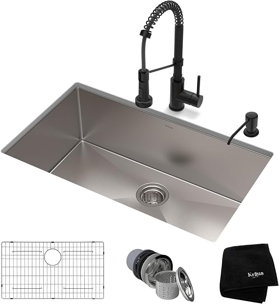 KRAUS 32-inch 16 Gauge Standart PRO Kitchen Sink Combo Set with Matte Black Bolden 18-inch Kitchen Faucet and Soap Dispenser, KHU100-32-1610-53MB