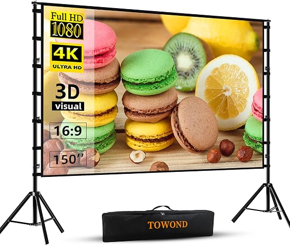 Projector Screen and Stand,Towond 150 inch Outdoor Projection Screen Portable 16:9 HD Rear Front Garden Movie Screen with Carry Bag Wrinkle-Free Thickened brackets Design for Backyard Cinema