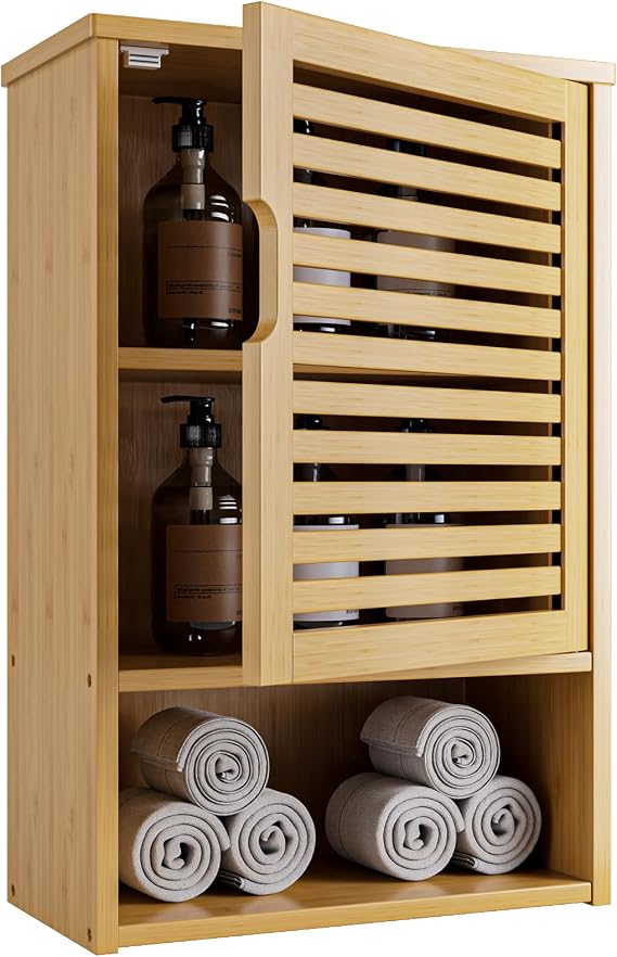 HITNET Wall Cabinet, Small Bathroom Cabinet Wall Mounted, Bamboo Hanging Medicine Storage Cupboard Over the Toilet with Adjustable Shelf for Living Room Kitchen Hallway, Natural