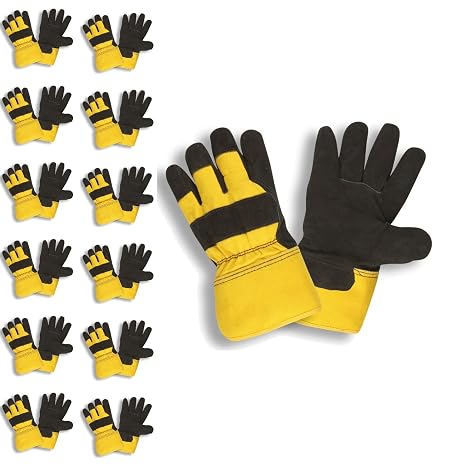 Black Split Leather Palm Gloves, Yellow Canvas Back, Rubberized Safety Cuff, Pile Lined