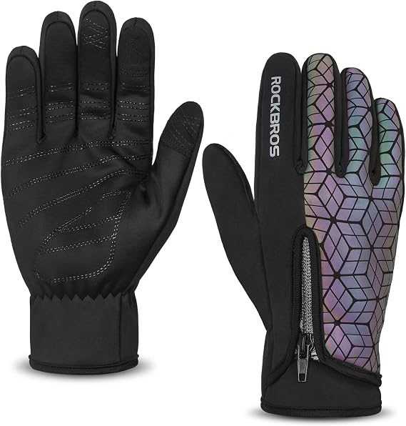 ROCKBROS Winter Cycling Gloves Fleece Full Finger Touch Screen Windproof | Safe Reflective Materials Anti Slip Palm Bike Gloves with Wrist Protection for Men Women for Road Mountain Bicycle