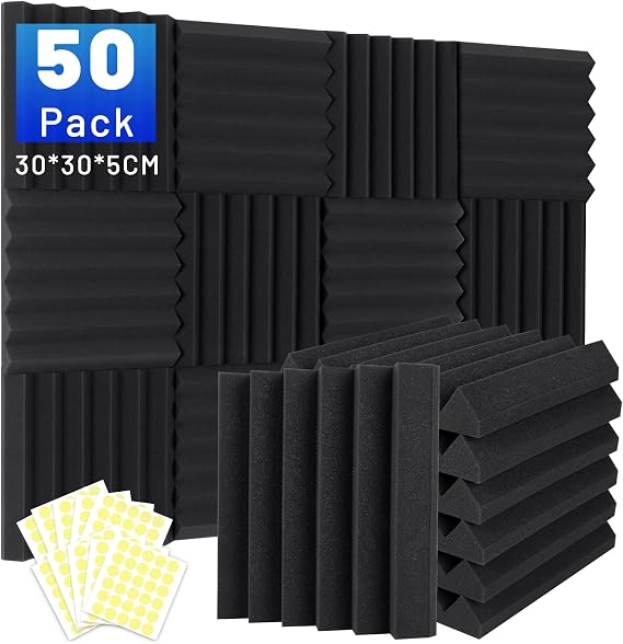 50 Pack Sound Proofing Panels, 2" X 12" X 12" Acoustic Foam Wall Panels, Soundproofing Wedge Panels, Sound Absorption Wall Panels, Sound Proof Panels for Studio, Home, Office, With Double Sided Tape