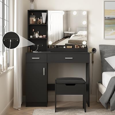 Fameill Makeup Vanity Desk with Lighted Mirror & Power Strip,Black Vanity Table Set with Lights and Lots Storage,2 Drawer Makeup Table,3 Lighting Colors,35.4inL