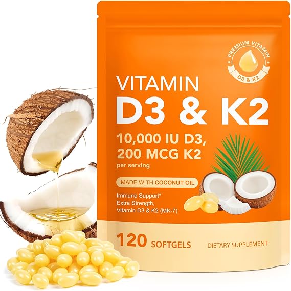 Vitamin D3 K2 with Coconut Oil - Vegan Vitamin D3 & Mk7 Vitamin K2for Bone & Immune Support - 120 Softgels