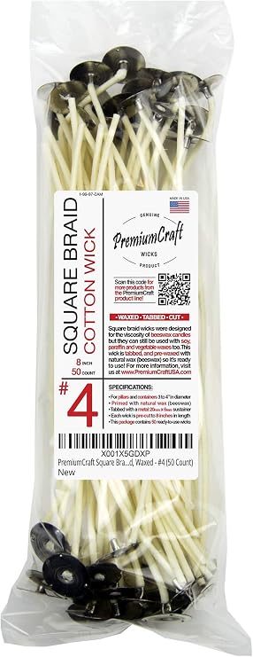 Square Braid Cotton Candle Wick - #4, Tabbed, Waxed (50 Count)
