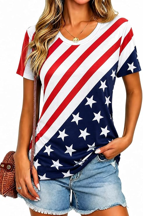 Womens American Flag Shirt 4th of July T-Shirt Patriotic Short Sleeve Tee USA Flag Stripe Star Summer Blouse Tops