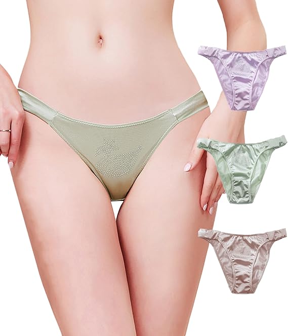 Womens Silk String Bikini Satin Panties Soft Smooth Briefs Frill Trim Ruched Cheeky Underwear