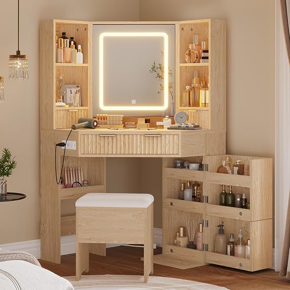 HAUOMS Fluted Corner Vanity Desk with Mirror & Lights, Natural Wood