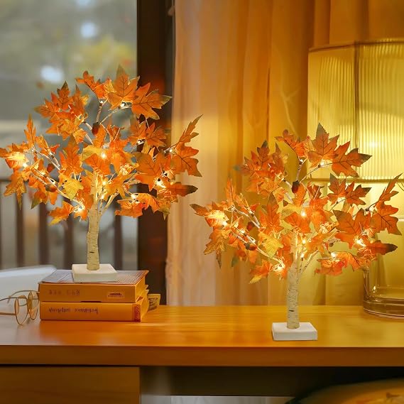 Luditek Thanksgiving Table Decor 2-Packs Maple Fall Light Up Tree w/ 24 Led 22 Inch White Tree Battery Operated for Fall Thanksgiving Decorations Halloween for Home Indoor Outdoor Table Room