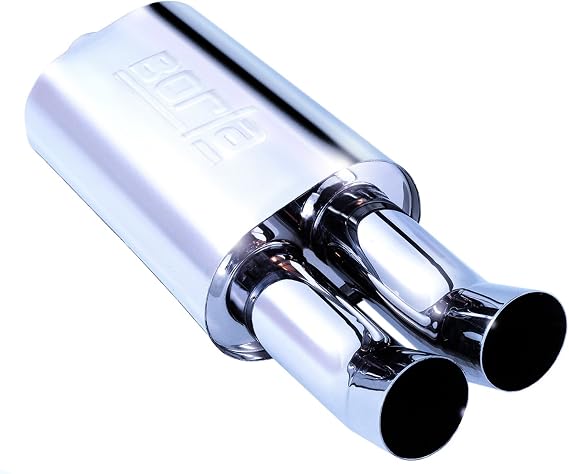 BORLA 40059 Boomers Spitfire Boomers Muffler - 2.25" Center Inlet/Dual 3" Round DTM Style Tips 5.5" x 8.5 Oval x 14" Long Body 26.25" Overall Length. Universal Part.