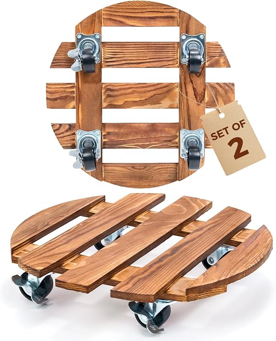Bamworld 2 pack Plant Trolley Heavy Duty Plant Caddy with Wheels 12 Inch Rolling Plant Stand with 360 Swivel Lockable Casters for Heavy Duty Plant Pots Indoor Outdoor Dark Brown
