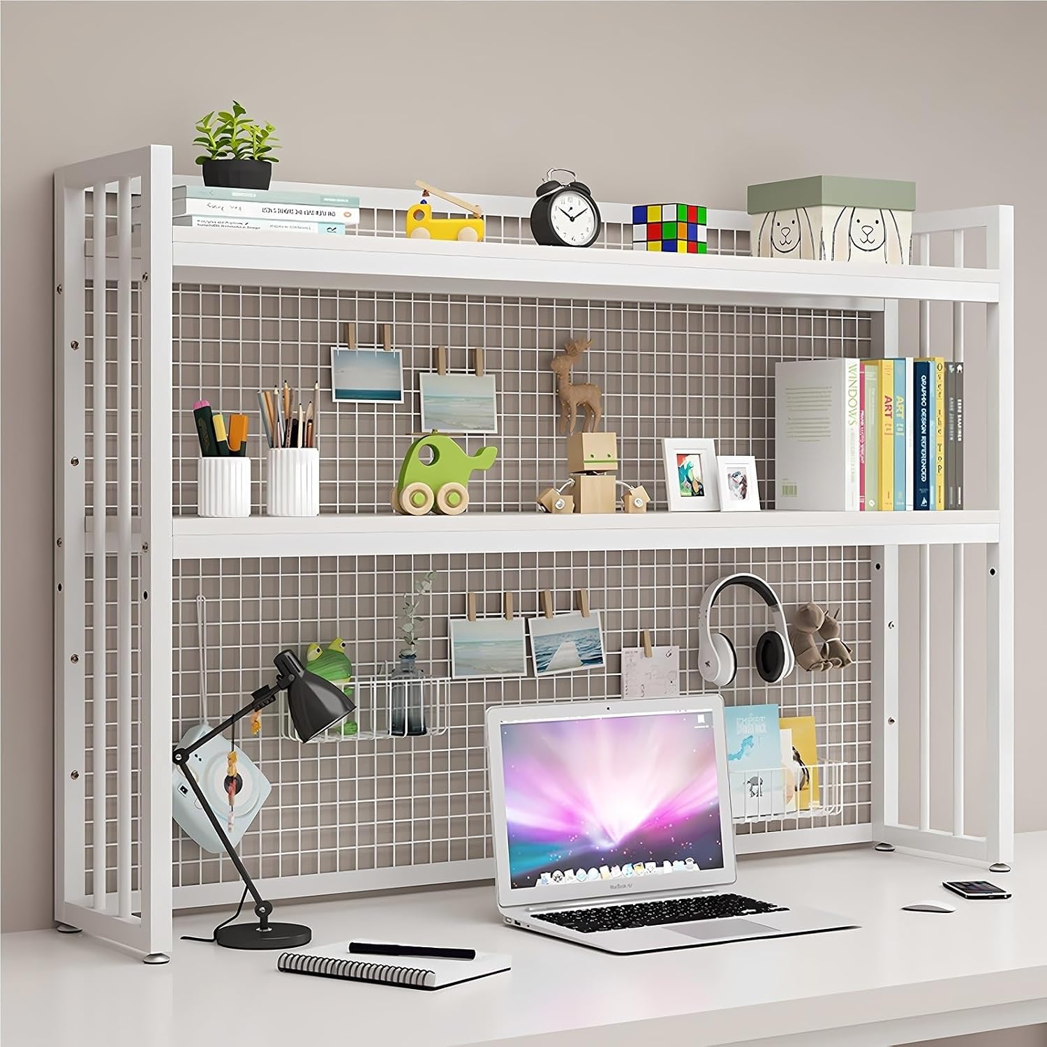 2 Tier Countertop Bookcase, Adjustable Desktop Bookshelf, for Computer Desk，Desk Hutch Shelf Unit,Office Supplies Organizers Rack and Accessories Storage Display ShelvesWhite,55CM21.65IN