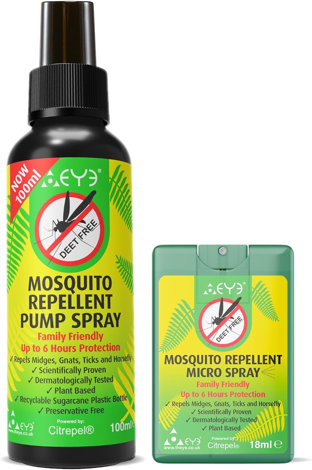 THEYE Mosquito Repellent Spray & Micro Spray Pack - 100% Natural Insect Repellent Spray (Deet Free), No Preservatives or Other Harmful Chemicals - Pump Spray 100ml + Micro Spray 18ml